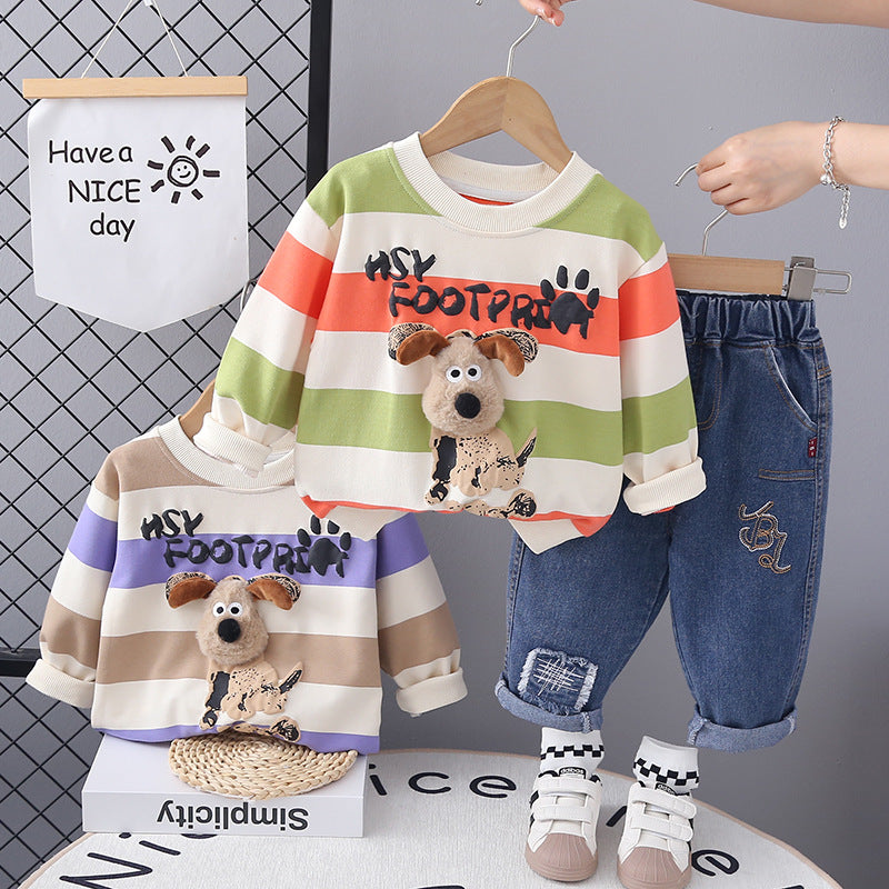 Puppy Pals Striped Sweatshirt & Jeans Set