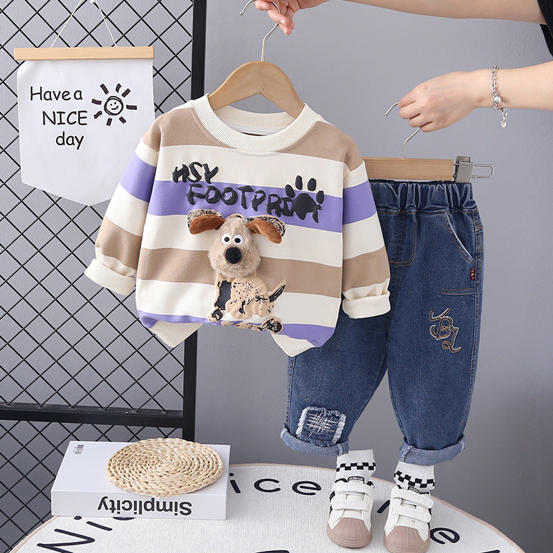 Puppy Pals Striped Sweatshirt & Jeans Set