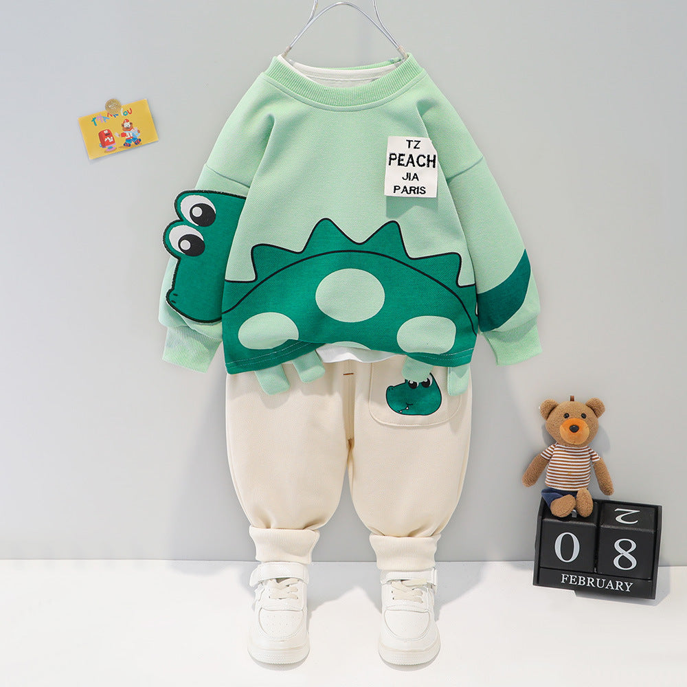 New Children's Cartoon Wardrobe Long Sleeve Boys' Baby Korean Set-2-piece set - green