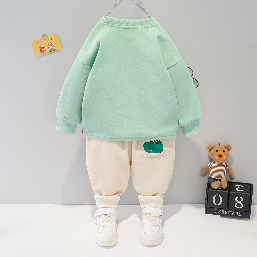 New Children's Cartoon Wardrobe Long Sleeve Boys' Baby Korean Set-2-piece set - green