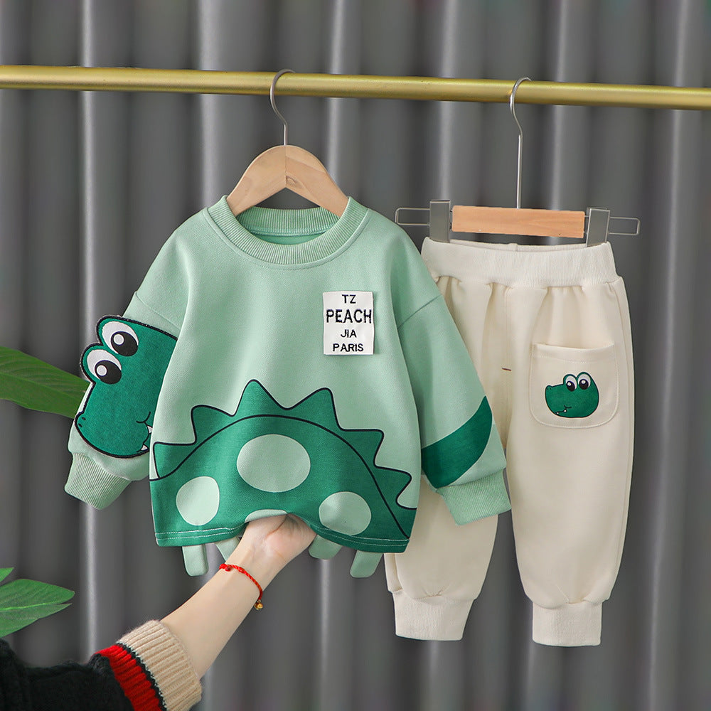 New Children's Cartoon Wardrobe Long Sleeve Boys' Baby Korean Set-2-piece set - green