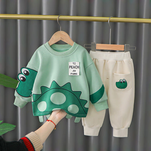 New Children's Cartoon Wardrobe Long Sleeve Boys' Baby Korean Set-2-piece set - green