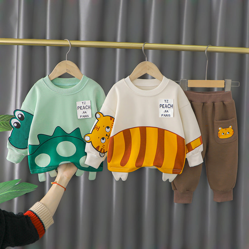 New Children's Cartoon Wardrobe Long Sleeve Boys' Baby Korean Set-2-piece set - green