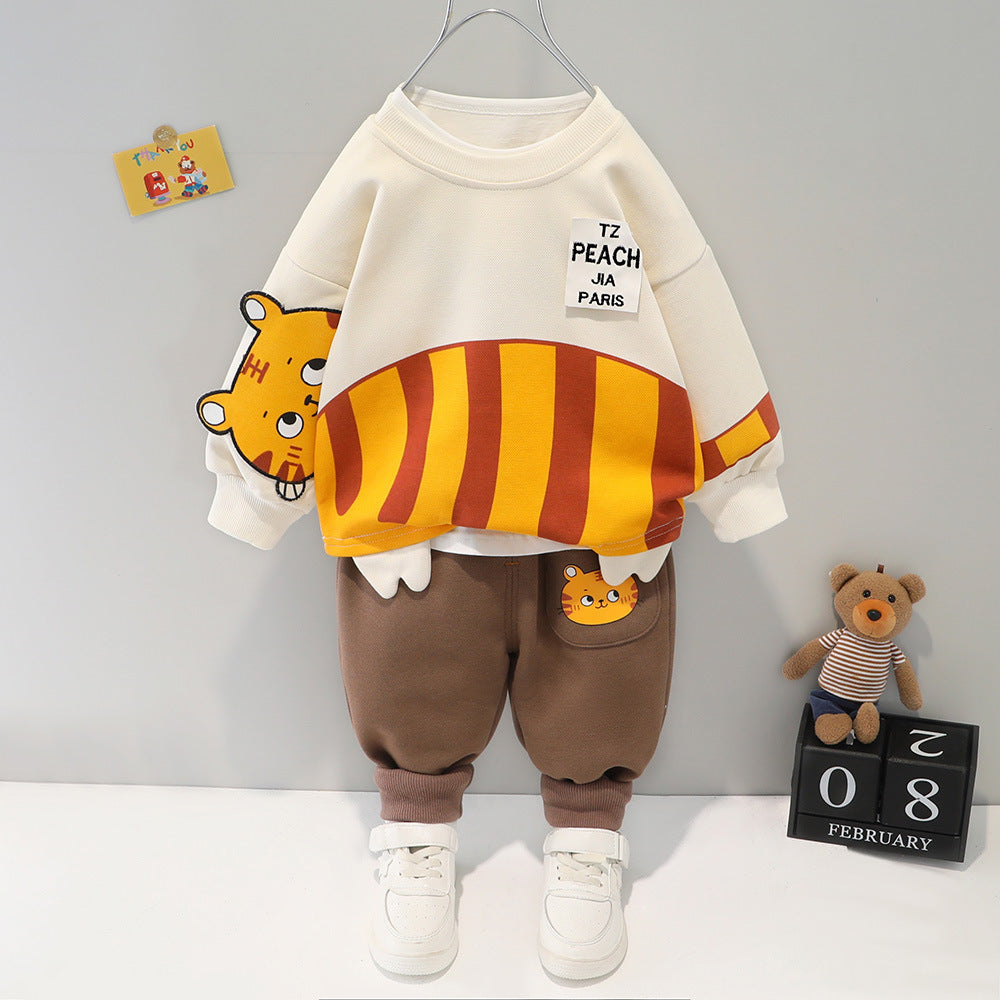 New Children's Cartoon Wardrobe Long Sleeve Boys' Baby Korean Set-2-piece set - Orange color