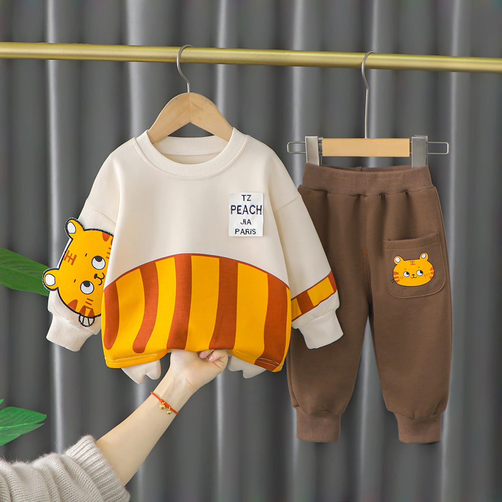 New Children's Cartoon Wardrobe Long Sleeve Boys' Baby Korean Set-2-piece set - Orange color