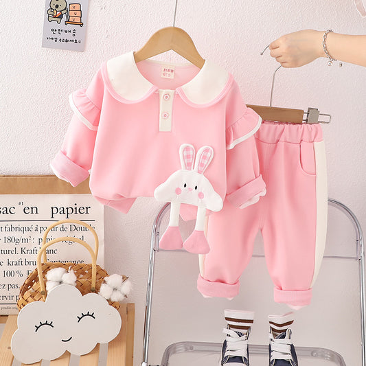 Girls Cute Rabbit Embroidered Doll Collar Sweatshirt And Pants Set 2-piece