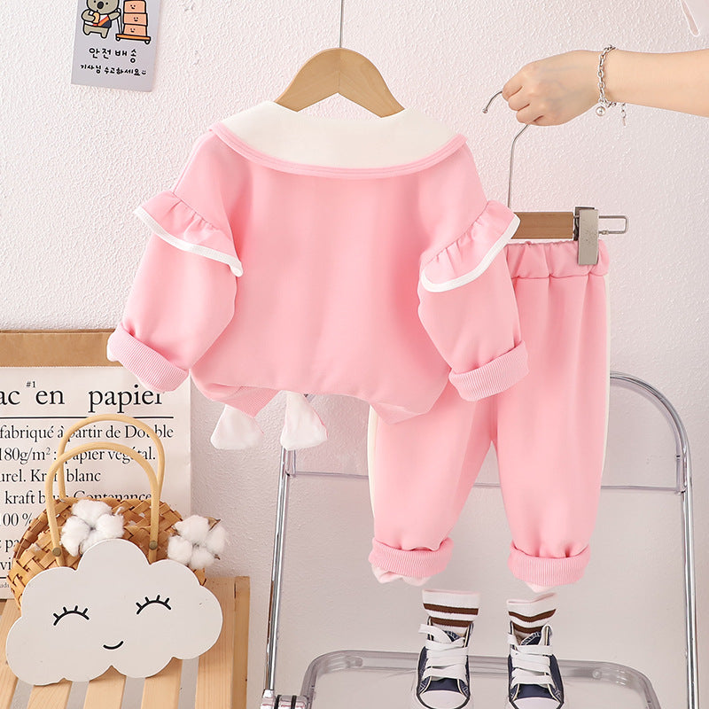 Girls Cute Rabbit Embroidered Doll Collar Sweatshirt And Pants Set 2-piece