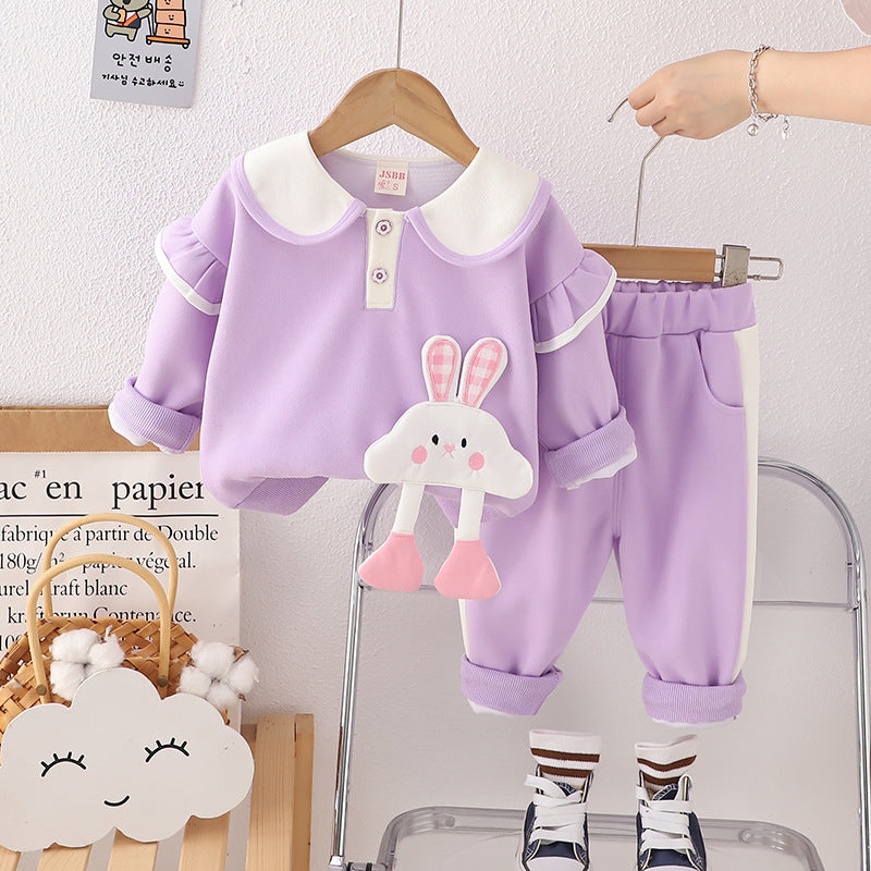 Girls Cute Rabbit Embroidered Doll Collar Sweatshirt And Pants Set 2-piece