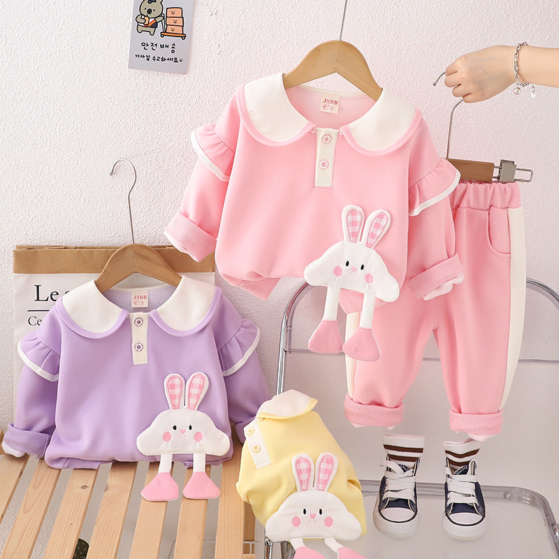 Girls Cute Rabbit Embroidered Doll Collar Sweatshirt And Pants Set 2-piece