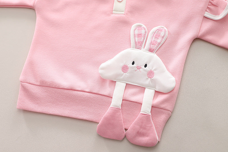 Girls Cute Rabbit Embroidered Doll Collar Sweatshirt And Pants Set 2-piece