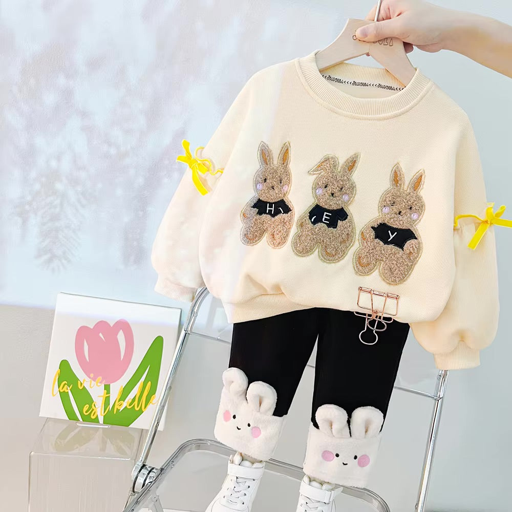 Three Cartoon Rabbit Velvet Lined 2-Piece Outfit for Baby Girls, Thick Autumn Winter Sweater Sets