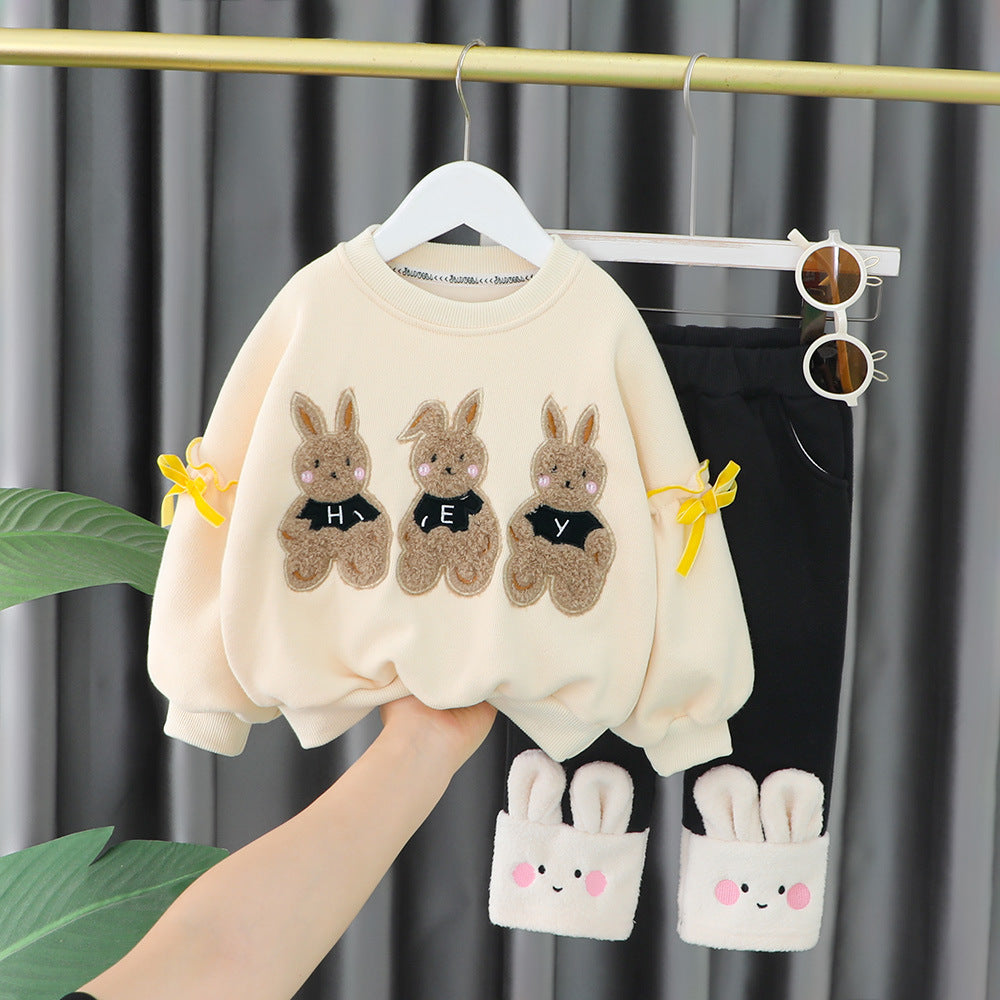 Three Cartoon Rabbit Velvet Lined 2-Piece Outfit for Baby Girls, Thick Autumn Winter Sweater Sets