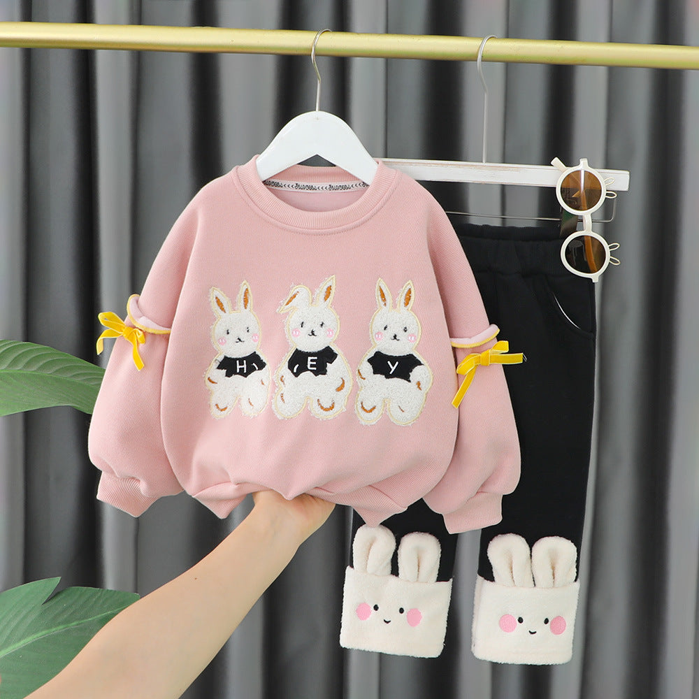 Three Cartoon Rabbit Velvet Lined 2-Piece Outfit for Baby Girls, Thick Autumn Winter Sweater Sets