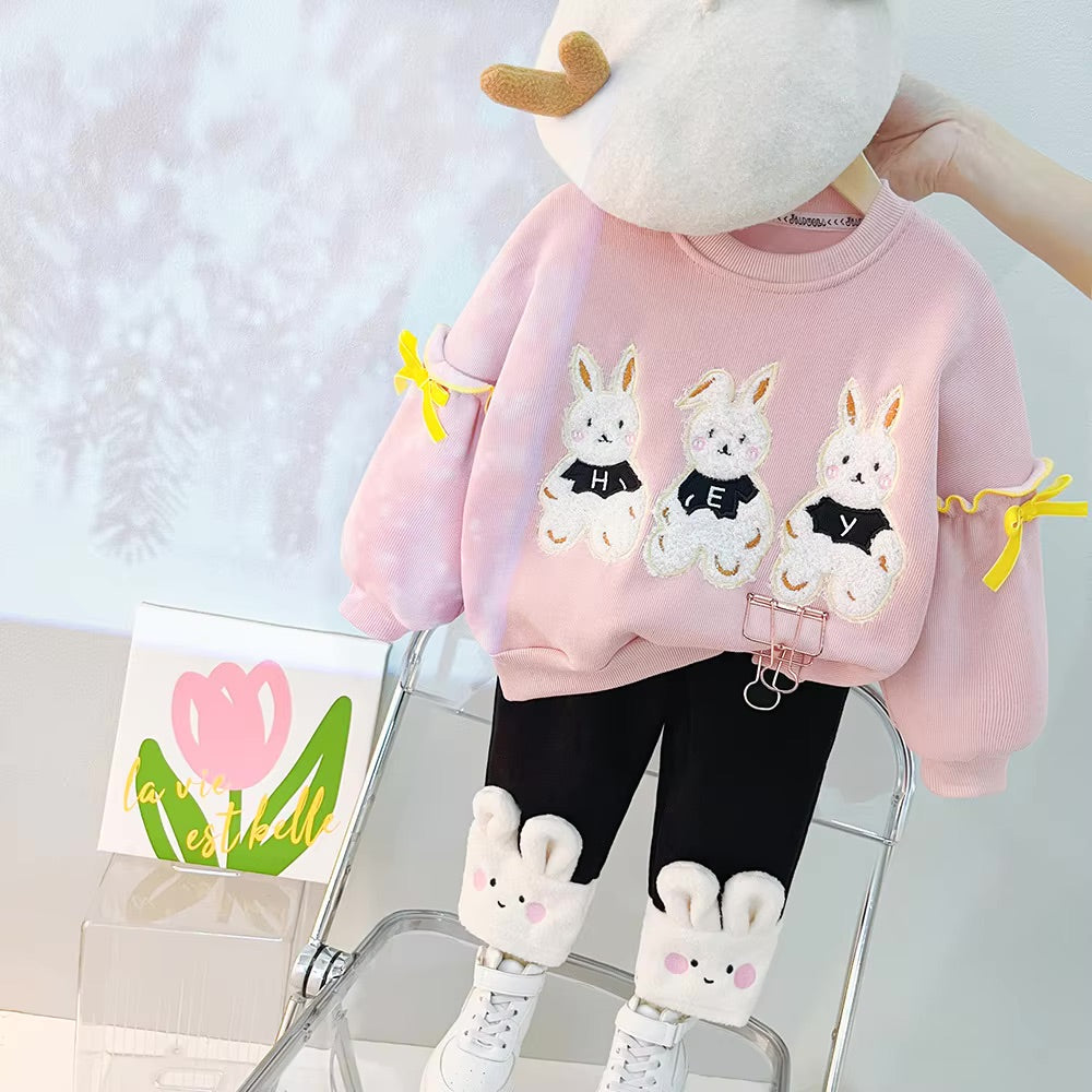 Three Cartoon Rabbit Velvet Lined 2-Piece Outfit for Baby Girls, Thick Autumn Winter Sweater Sets