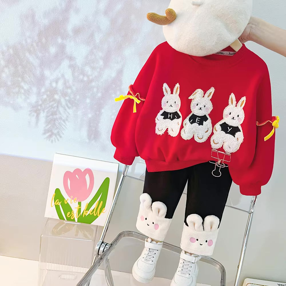 Three Cartoon Rabbit Velvet Lined 2-Piece Outfit for Baby Girls, Thick Autumn Winter Sweater Sets