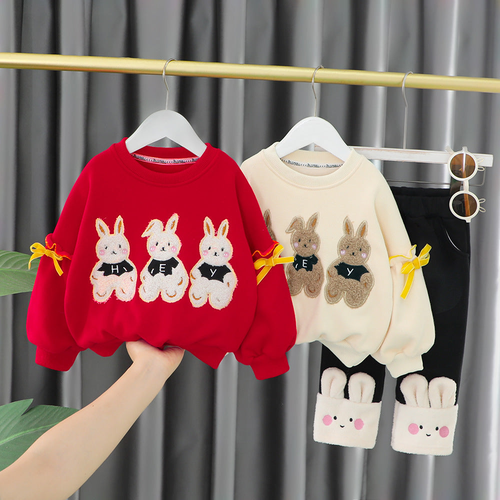 Three Cartoon Rabbit Velvet Lined 2-Piece Outfit for Baby Girls, Thick Autumn Winter Sweater Sets