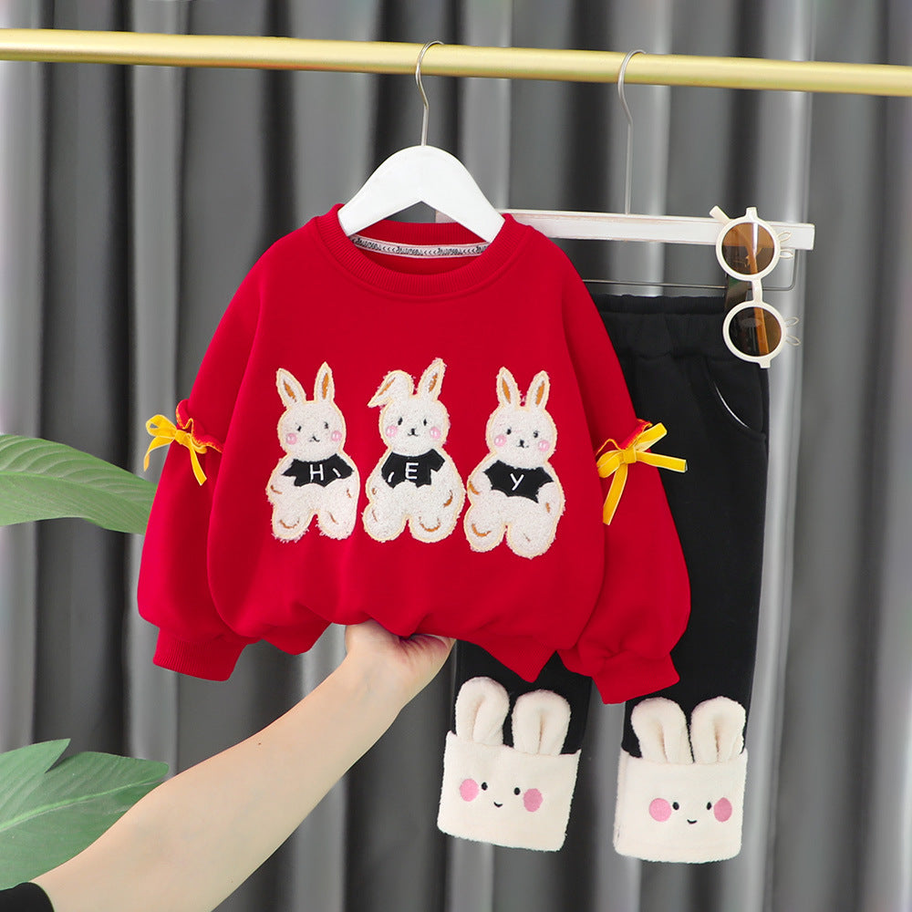 Three Cartoon Rabbit Velvet Lined 2-Piece Outfit for Baby Girls, Thick Autumn Winter Sweater Sets