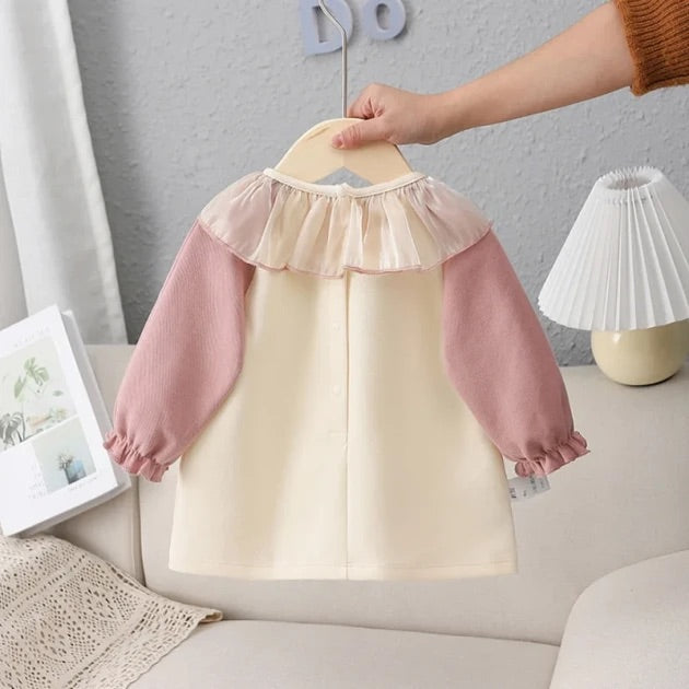 Girls Pink and Off-White Ruffle Neck Full-Sleeve A-Line Dress