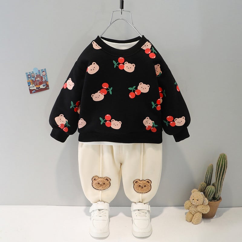 Boy and Girl Fleece Padded Suit Cute Cartoon Printed Round Neck Pullover + Pants 2pcs Sets