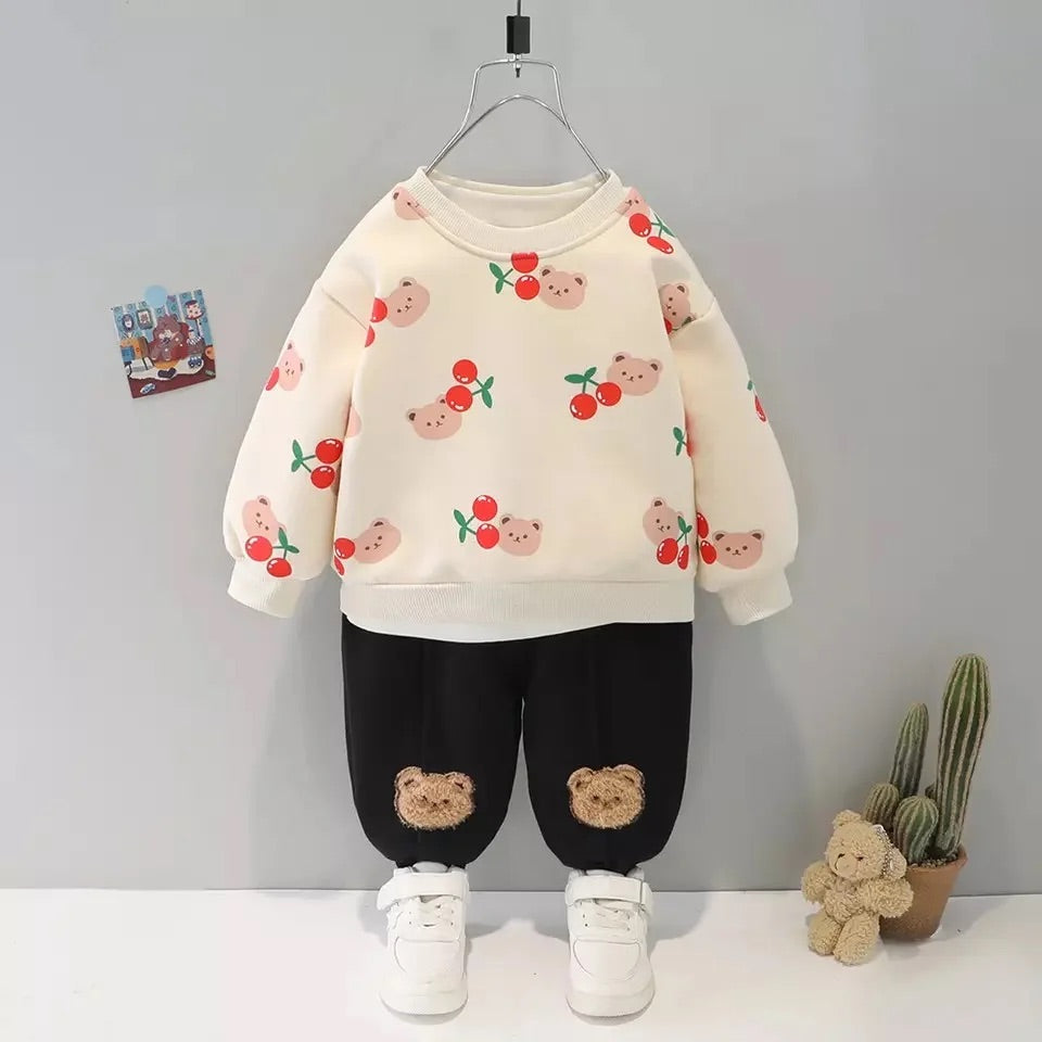 Boy and Girl Fleece Padded Suit Cute Cartoon Printed Round Neck Pullover + Pants 2pcs Sets