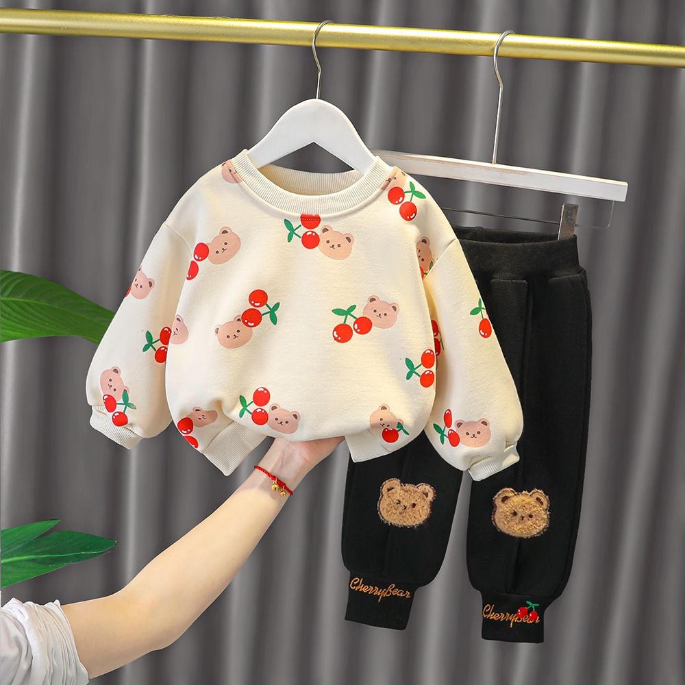 Boy and Girl Fleece Padded Suit Cute Cartoon Printed Round Neck Pullover + Pants 2pcs Sets