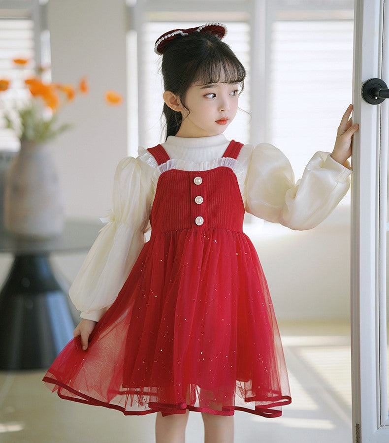 Girls Maroon Velvet Embellished Long Sleeve Pinafore Dress